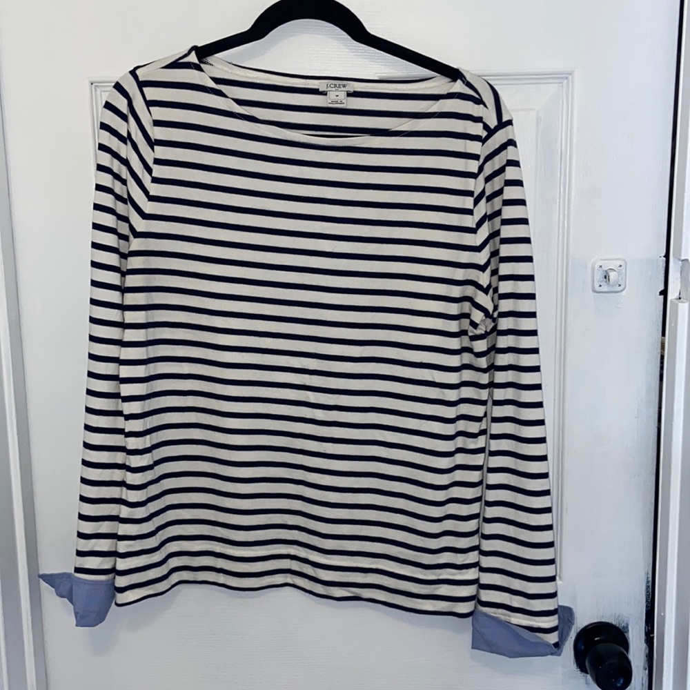 J. Crew white and navy stripped shirt with blue cuffs